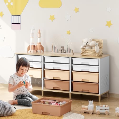 TOOLF 12 Drawers Storage Cabinet with Wooden Top and Plastic Bins,Brown - Image 2