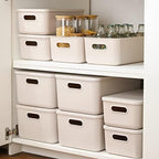 Yishyfier Plastic Storage Baskets With Lid Organizing Container Lidded Knit Storage Organizer Bins for Shelves Drawers Desktop Closet Playroom Classroom Office (4M+2S, Light grey) - Image 2