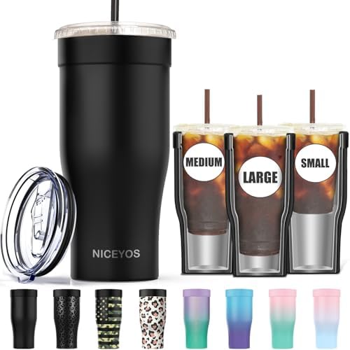 Universal Iced Coffee Sleeve - Niceyos Upgraded Double Wall Reusable Stainless Steel Holder Sleeves Insulator for Cold Drinks Fits Starbucks Dunkin Donuts McDonalds Small Medium Large Cups (Black) by NICEYOS