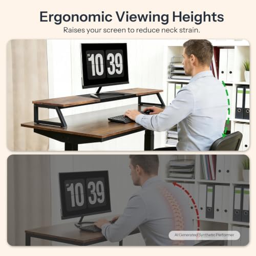 HOOBRO Dual Monitor Stand Riser, 39 Inch Large Computer Monitor Stand for 2 Monitors, Computer Monitor Riser, Desk Shelf Organizer for Office Desk, Accessories, Rustic Brown and Black BF121CJ01 - Image 5