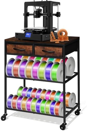 3D Printer Filament Storage Shelf with Drawers& Wheels, Heavy Duty 2-Tier 3D Printer Filament Metal Stand with Storage, Adjustable Filaments Organzied Rack for Workshop Studio Office, 4 Leveling Feet by Srora
