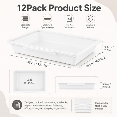 gisgfim 12 Pack Flat Storage Paper Tray with Clear Latching Lids, White - Image 2
