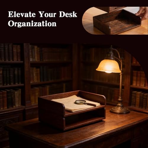 Wooden Desk Organizer, 2-Tier Stackable Wood Inbox Tray for Office, Home & School - Image 4