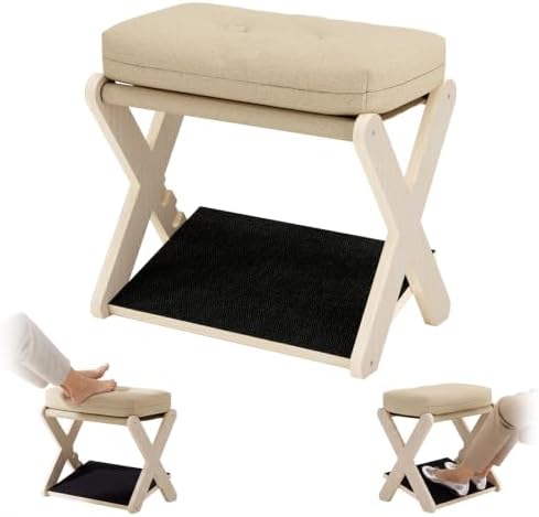 Adjustable Foot Rest Under Desk at Work, 16.6" Wide Wooden Ergonomic Footstool with 3 Height Options, Linen Cushion, Non-Slip EVA Stepping Surface & Posture Support for Office, Home & Gaming by OLizee