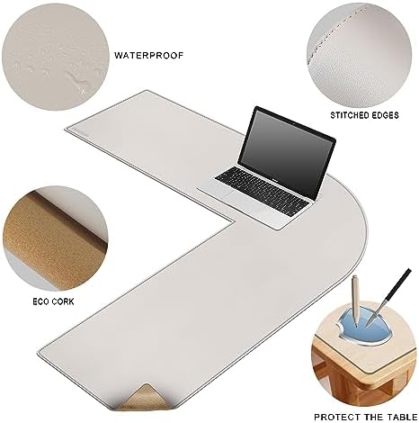 MAIDERN (40”+ 40”) x 13” L Shaped Corner Desk Mat, Cork & Leather Dual Sided Desk Pad for Gaming Computer Office Home (Cream) - Image 3
