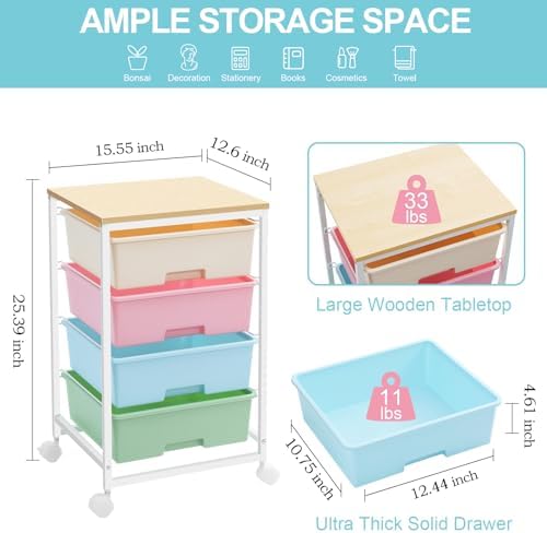 Utility Cart with 4 Drawers, Rolling Storage Cart with Drawers, Rainbow - Image 3