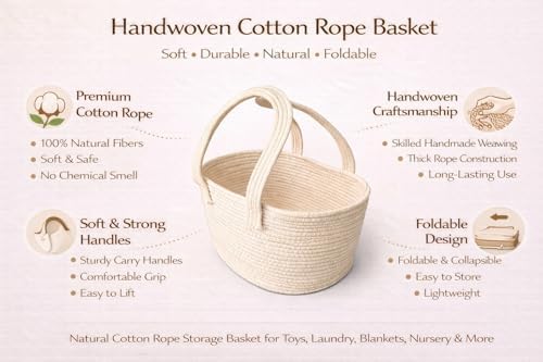 Diaper Caddy Organizer, Baby Nursery Storage Basket, Cotton Rope Baby Organizer for Diapers, Wipes, Toys & Essentials, Portable Changing Table Caddy - Image 2
