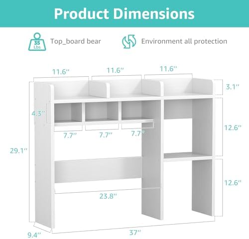 NUTIKAS Desk Hutch White Desktop Bookshelf Shelf - 37 Inch Computer Desk Organizer for Dorm Room, Wood Storage Rack for Home Office Desktop Display Shelves, Small Bookcase for Top of Desk - Image 3