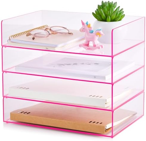 Harloon 4 Tier Paper Organizer Letter Tray Pink Acrylic Desk File Organizer Heavy Duty Stackable Documents Clear Letter Paper Holder Office Tray for A4, Office Classroom Home File Pad Notebooks by Muasung