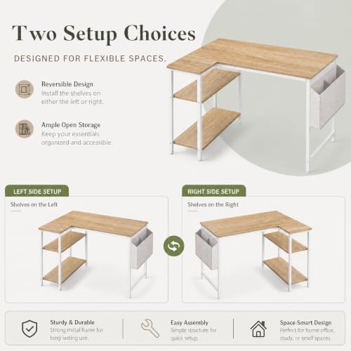 Grandder L Shaped Computer Desk with Reversible Shelves, 40 Inch Small Corner Desk with Storage Bag, Gaming Desk Computer Table Study Writing Table for Home Office Bedroom Small Space, Oak - Image 4