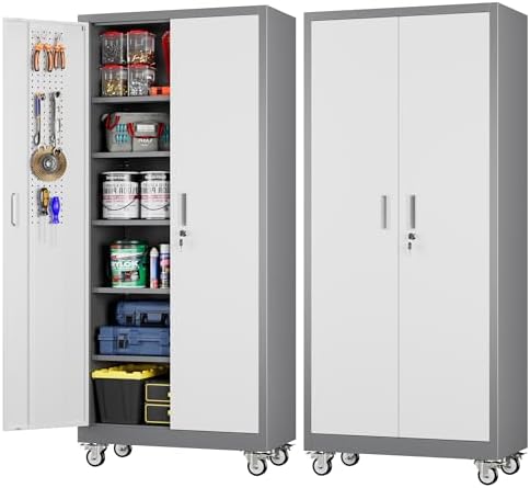 SUXXAN Metal Garage Cabinet with Wheels and Pegboard 71'' x 32'' x 16'', Lockable Rolling Steel Cabinet with 5 Adjustable Shelves and Door for Garage, Office, Kitchen, Assembly Required by SUXXANFurniture