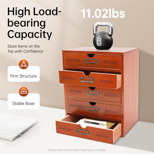Vintage 5-Drawer Desktop Storage Box, Wood Desk Organizer Rustic Shelf Drawer, Craft Countertop Storage Drawers Ideal Home Office Organizers and Accessories (9.84 * 6.88 * 12.2inch) - Image 4