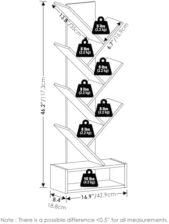 Furinno Tree Book Shelf, 7-Tier Bookshelf, Tree Bookcase with Bottom Shelf, 8.4 x 16.9 x 46.2, for Living Room, Bedroom, Home Office, White - Image 3