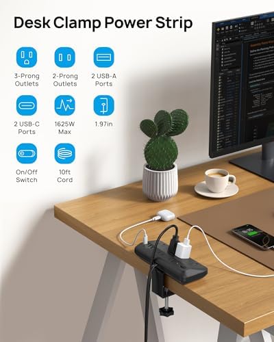 TROND 20W USB C Desk Clamp Power Strip Fit 1.97" Tabletop, ETL List, 10ft - Image 2