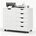 5-Drawer Wood Drawer Cabinet, Office Storage Cabinet with Adjustable Shelf & Wheels, Printer Stand for Home Office, White, 15.7" D x 30.7" W x 25.4" H by SimpleDeluxe