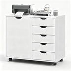 5-Drawer Wood Drawer Cabinet, Office Storage Cabinet with Adjustable Shelf & Wheels, Printer Stand for Home Office, White, 15.7" D x 30.7" W x 25.4" H by SimpleDeluxe