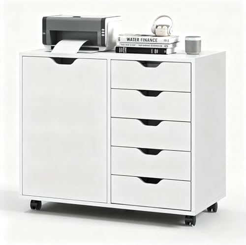 5-Drawer Wood Drawer Cabinet, Office Storage Cabinet with Adjustable Shelf & Wheels, Printer Stand for Home Office, White, 15.7" D x 30.7" W x 25.4" H by SimpleDeluxe
