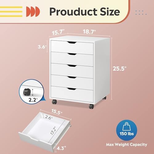 DEVAISE 5-Drawer Filing Cabinet Under Desk, Storage file Cabinet, White - Image 3