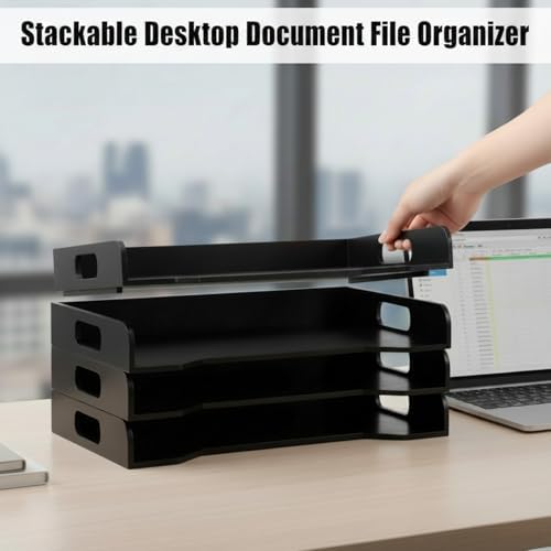 Yinkin Wooden Stackable Paper Trays 4-tier Wooden Paper Organizer for Desk Letter Documents Woodens Desktop File Organizers for Desktop File Holder and Office Supplies Rack for Home Office Use (Black) - Image 5