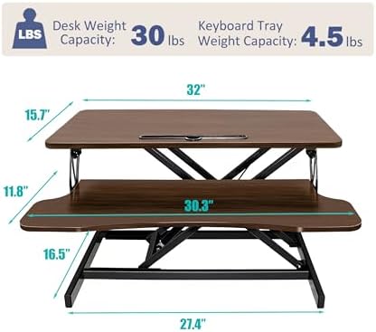 Standing Desk Converter 32" - Sit to Stand Desk Converter for Dual Monitors - Height Adjustable Desk Riser for Standing - Home Office & Corporate Use - Relieve Back Pain(Walnut) - Image 2