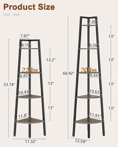 Hoctieon Corner Shelf, 4-Tier Corner Bookshelf, Rustic Ladder Shelf, Industrial Display Stand for Living Room, Kitchen, Home Office, Balcony, Small Space, Metal Frame, Grey - Image 2
