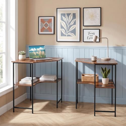 VECELO Small Corner Computer Desk 33 x 30 inches with Storage Shelves for Small Spaces,Triangular Shape,Brown - Image 7