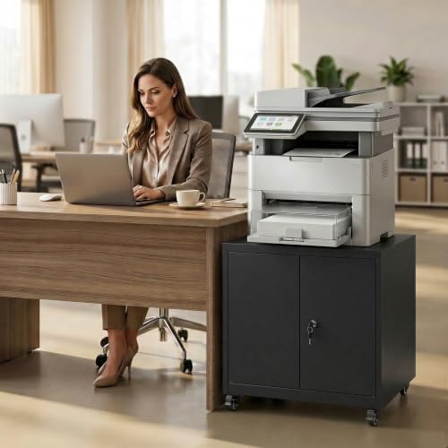23.6" Metal Printer Stand with Lockable Storage Cabinet - Image 4