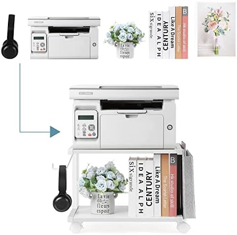 Printer Stand Under Desk Printer Table with Wheels 2 Tier Small Printer Cart with Storage Bag Desktop White Printer Stands for Home Office Fax Machine Scanner Files (White) - Image 4