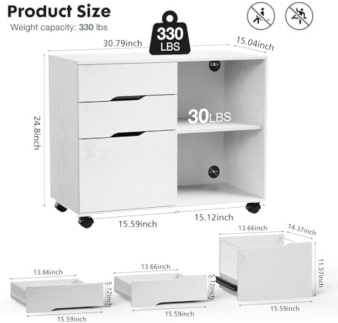 DUMOS 3-Drawer Rolling File Cabinet, Wooden Printer Stand with Storage - Image 2