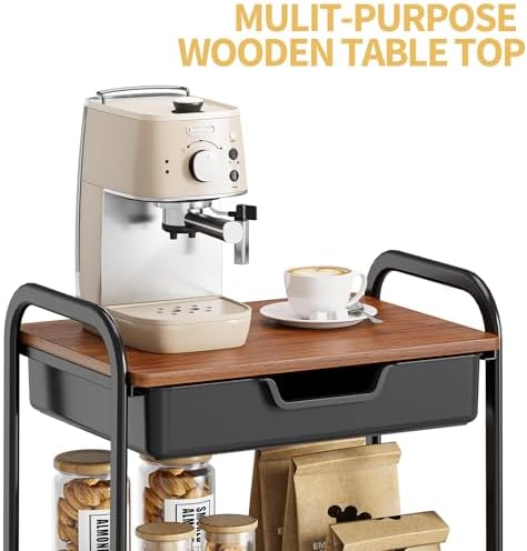 TOOLF 3-Tier Utility Rolling Cart with Wooden Board and Drawer, Metal Storage Cart with Handle, Black Trolley Kitchen Organizer Rolling Desk with Locking Wheels for Office, Classroom, Home, Bedroom - Image 4