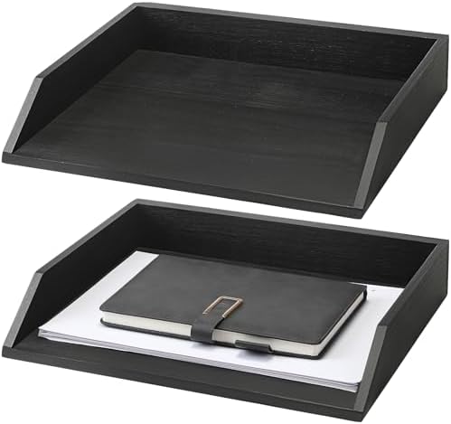 Beeveer 2 Pcs Black Wood Letter Tray Wooden Desk Paper Organizer 2 Tier Stackable Load Documents Desktop Tray Drawer File Folder Magazine Office Accessories for Home Office Back to School by Beeveer