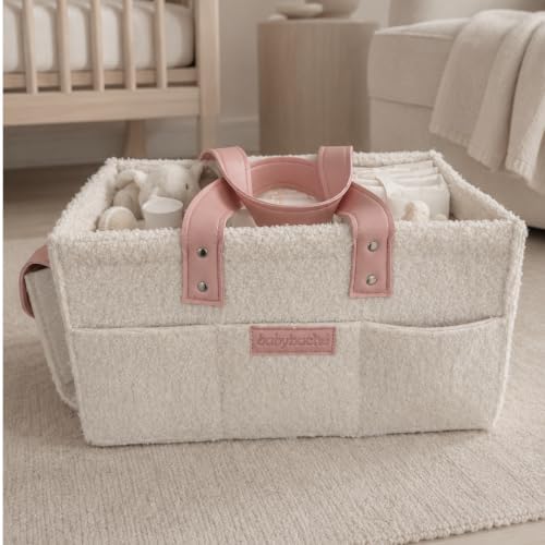 Baby Baché Teddy Bouclé Diaper Caddy Organizer – Soft Nursery Storage Basket for Diapers, Wipes & Baby Essentials – Portable Changing Table Organizer with Handles – Baby Shower by babybache