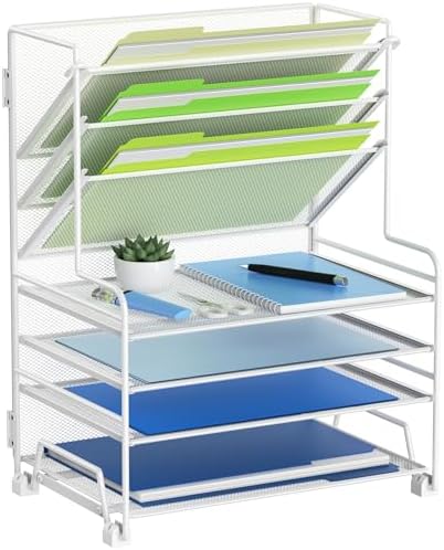 MINDEPOT 4-Tier Paper Organizer + 3-Pocket File Holder + Drawer + Pen Holders, Desktop File Organizers Paper Tray for Office Supplies School Classroom Organization (White, no Drawer & Pen Holder) by MINDEPOT