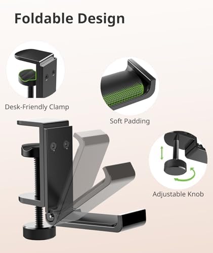 Kimiangel 2 Pack Headphone Stand Under Desk, Foldable Aluminum Headset Holder with Adjustable Screw Clamp, Headphone Hook Mount for Gaming Accessories, Space-Saving Under Table Headset Hanger - Image 3