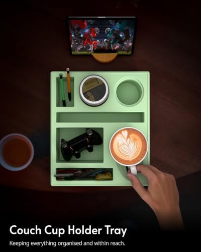 Couch Cup Holder Tray - Couch Organizer Caddy, Silicone Beach Caddy with Cup Holder, Sofa and Bed Drink Holder and Couch Tray Table for Snacks Beverage Remote (Green) - Image 6