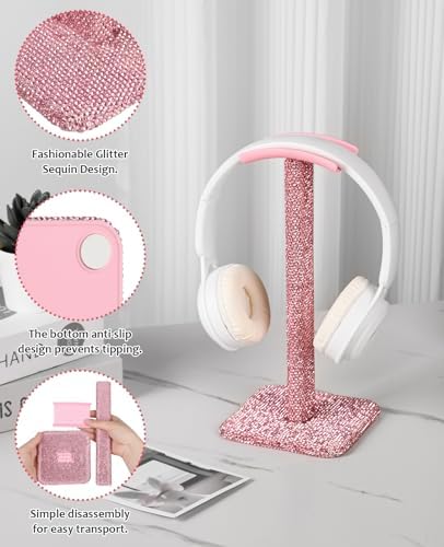 Pink Headphone Stand for Desk, Cute Rhinestone Bling Headset Holder - Image 3