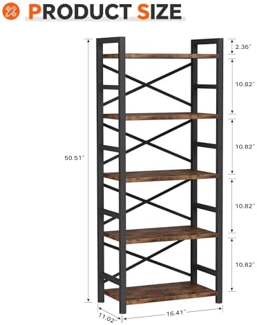 Organization and Storage, 5 Tier Bookshelf, Tall Bookcase with Shelves, Wood and Metal Book Shelf Storage Organizer, Industrial Display Standing Shelf Unit for Bedroom, Living Room, Rustic Brown - Image 3