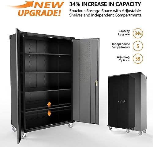 VINGLI Upgraded Wide & Deep Garage Storage Cabinet, Metal Storage Cabinet with Pegboards, Wheels, Locking Doors and Adjustable Shelves (Black, 43''W x 20''D x 72''H) - Image 4