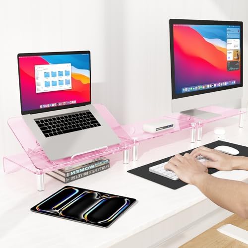 Pink Acrylic Dual Monitor Stand Riser,Laptop Riser Adjustable to 8 Angles - Image 3