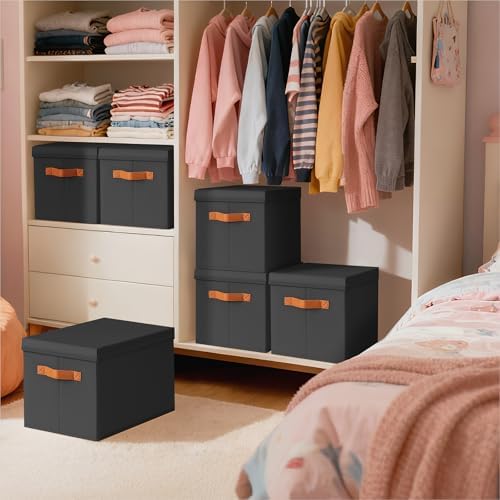 Homsorout Storage Bins with Lids - Fabric Storage Baskets for Shelves, 8 Pack Foldable Decorative Boxes with Handles, Stackable Organizer Bins for Home, Nursery, Dorm, Black - Image 7