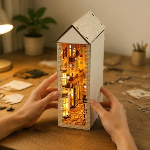Wizard-Themed Book Nook Kit, Enchanted Street Wooden Bookshelf Insert, DIY Hand-Painted Fantasy Miniature Scene, Decorative Bookend Craft for Adults and Book Lovers(Advanced Edition) - Image 2
