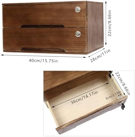 2-Tier Wooden Desktop Storage Box with Lockable Drawers, Flat File Cabinet Small Wooden Box Organizer for Office Supplies Installation-free, 15.75×11×8.66in (Walnut) - Image 3