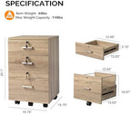 VINGLI 3-Drawer File Cabinet with Lock, Wood Rolling Filing Cabinets for Home Office, Mobile Printer Stand, Under Desk File Organizer for Letter Sized Files, 26" H(Caster Included), Oak - Image 3