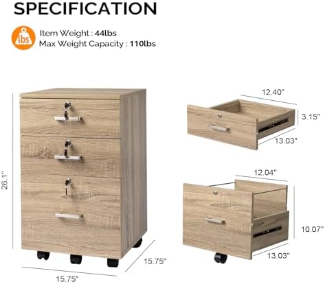 VINGLI 3-Drawer File Cabinet with Lock, Wood Rolling Filing Cabinets for Home Office, Mobile Printer Stand, Under Desk File Organizer for Letter Sized Files, 26" H(Caster Included), Oak - Image 3