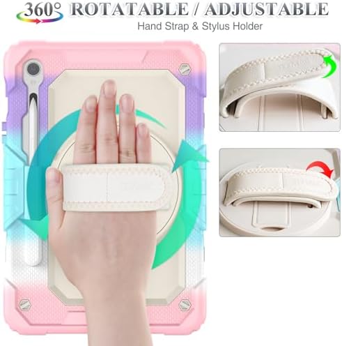 SEYMAC stock Case for Samsung Galaxy Tab S10 Lite / S10 FE / S9 FE 5G / S9 Tablet Case 10.9''/ 11'' Protective with Screen Protector, Pen Holder, 360 Rotate Stand, Hand Strap, Shoulder Strap,BeigePink - Image 3