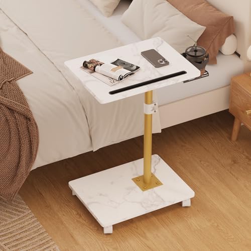 TV Tray Table, Adjustable Dinner Trays for Eating Table, 360° Swivel & Sofa Armrest End Side Table, C Shaped Couch Snack Table for Bedroom, Living Room, Small Space(White+Gold) - Image 4