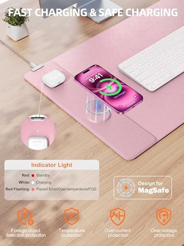 Mouse Pad with 15W Wireless Charging, XXL Large Leather Desk Mat, Pink - Image 2