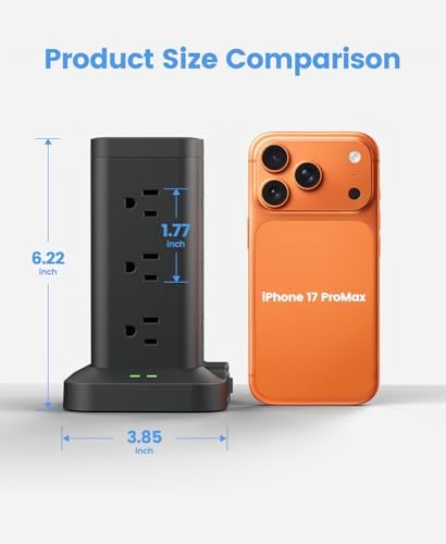 10ft, Black, Power Strip Tower Surge Protector 1800J, Fast Charging Station - Image 2