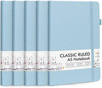 feela 5 Pack Notebooks Journals Bulk, Hardcover Notebook Classic Ruled Lined Journals with Pen Holder for Women Girls School Business Supplies, with 5 Black Pens, 120 GSM, 5.1”x8.3”, A5, Light Blue by feela
