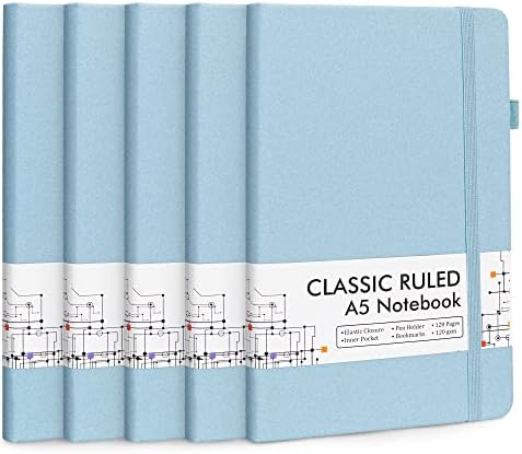 feela 5 Pack Notebooks Journals Bulk, Hardcover Notebook Classic Ruled Lined Journals with Pen Holder for Women Girls School Business Supplies, with 5 Black Pens, 120 GSM, 5.1”x8.3”, A5, Light Blue by feela